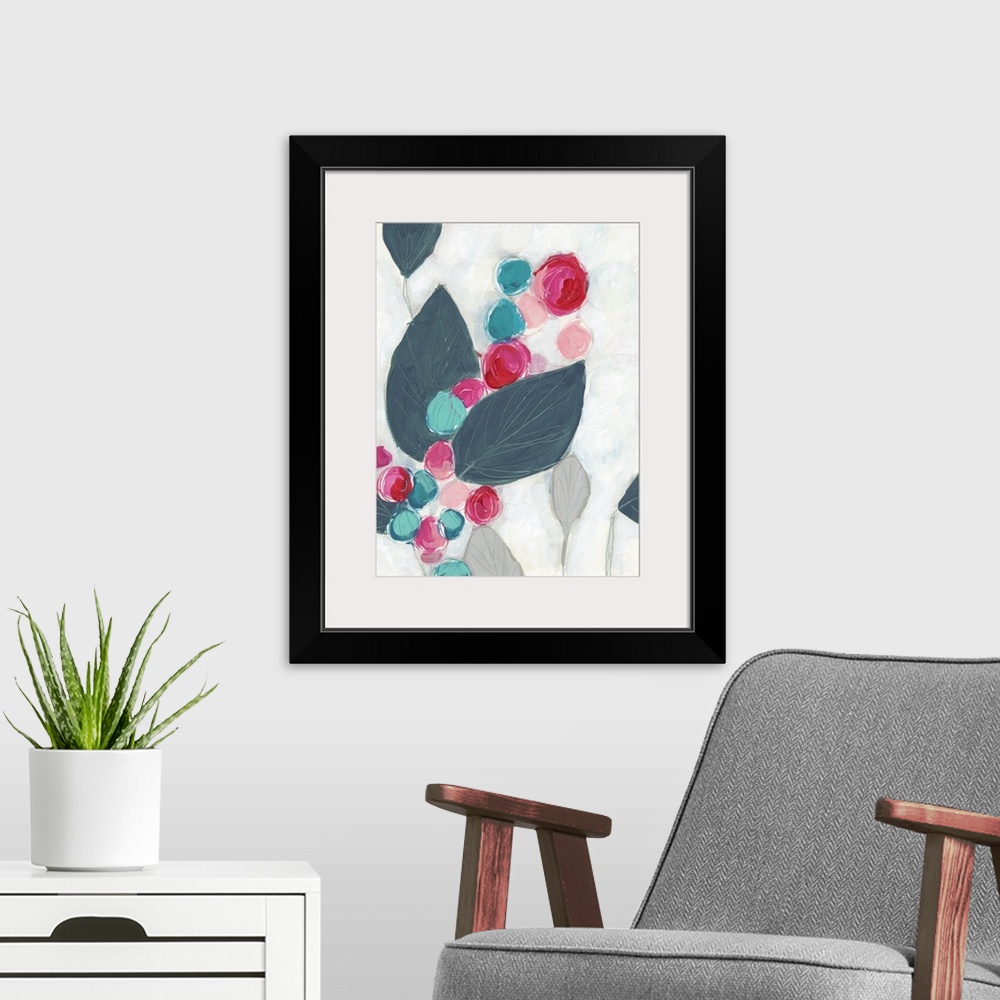 A modern room featuring Floral abstract painting in bright pink and teal on a light gray background.