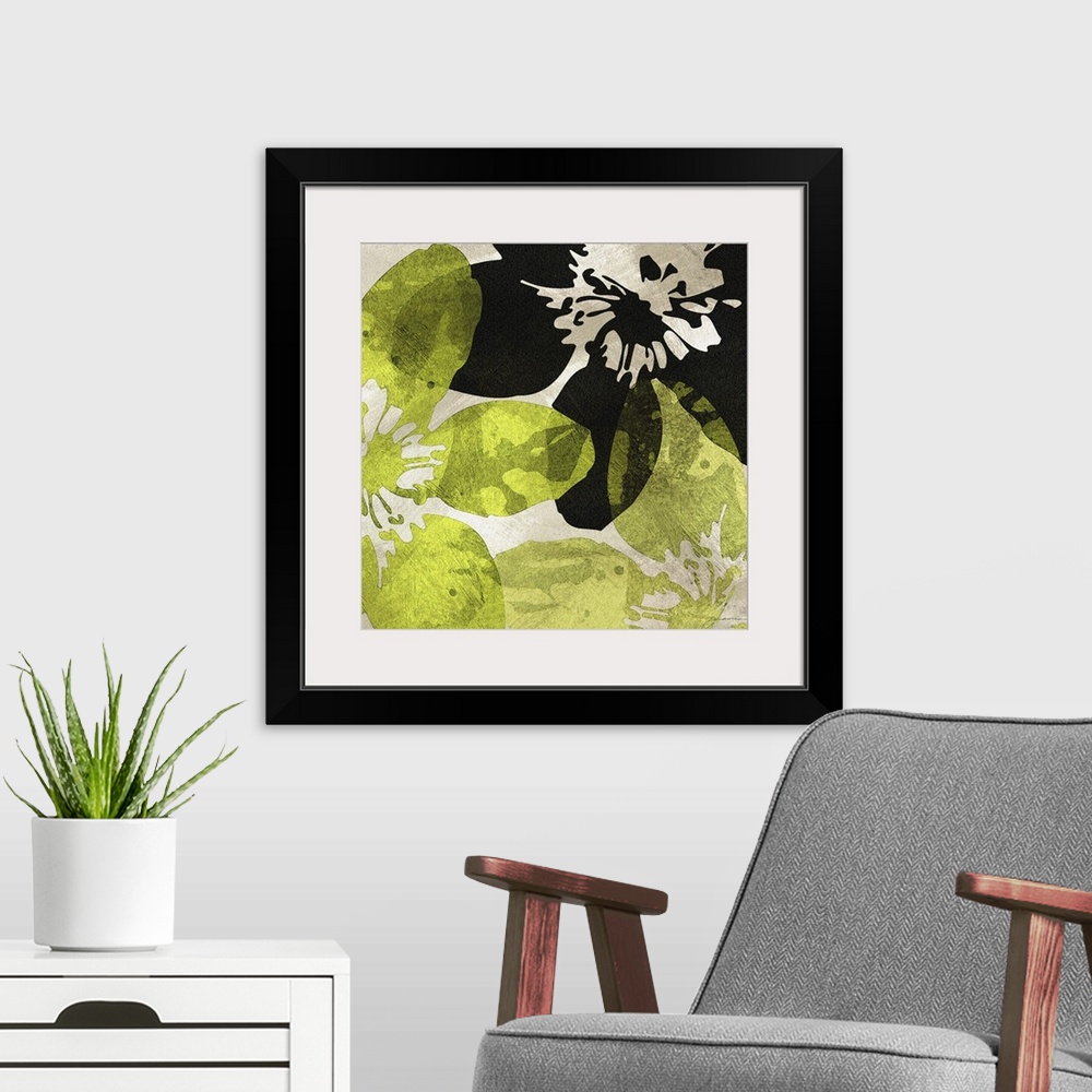 A modern room featuring Green and black semi-transparent flowers against a neutral background.