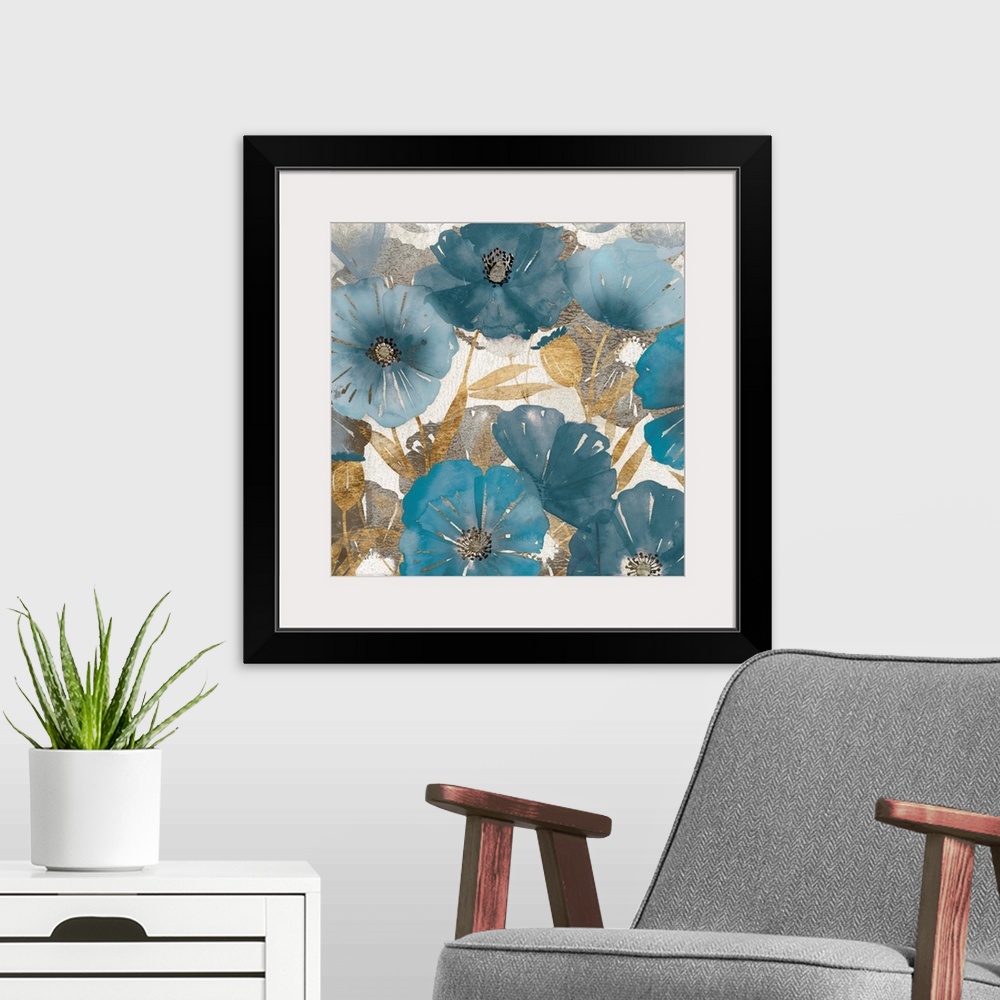 A modern room featuring Blue and Gold Poppies I
