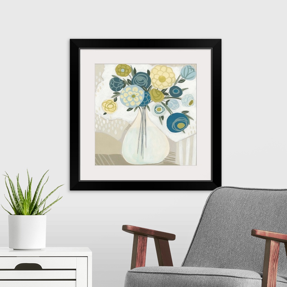 A modern room featuring Thin brush strokes over solid circular shapes create blue and yellow flowers arranged in a clear ...