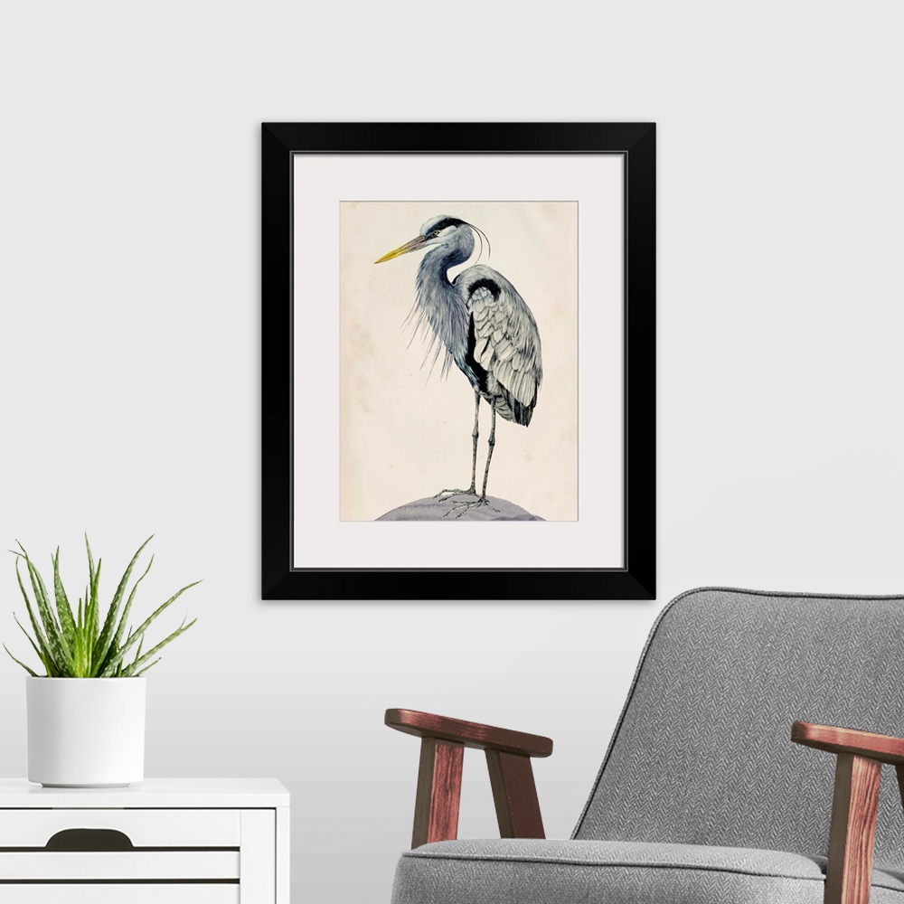 A modern room featuring Detailed painted illustration of a blue heron sitting on a rock.