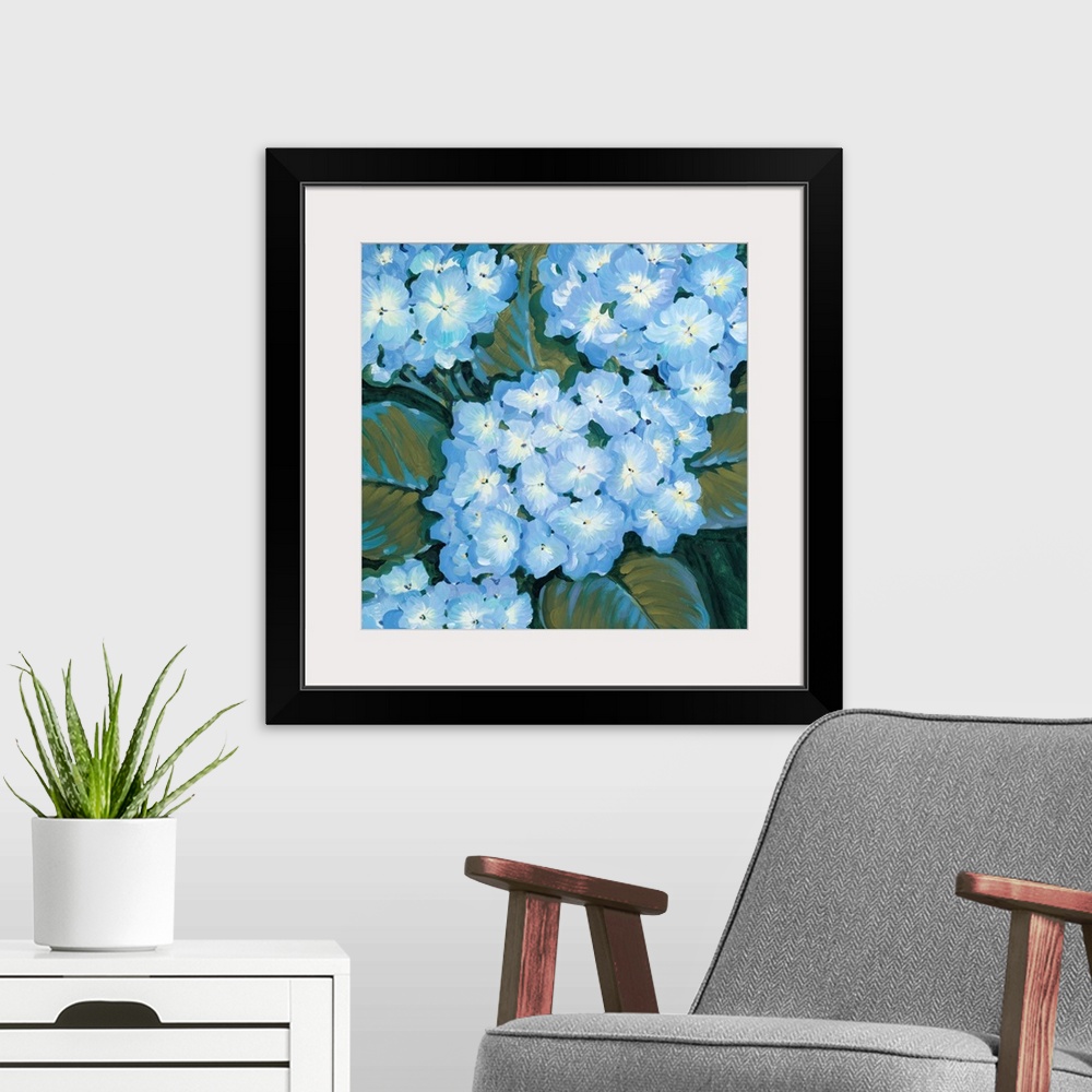 A modern room featuring Painting of blue hydrangea flowers close-up.