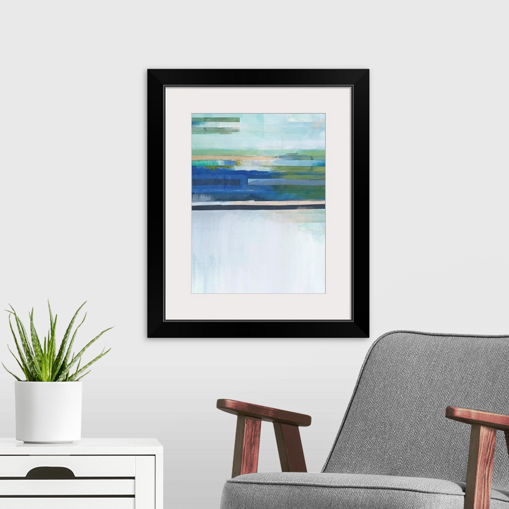 A modern room featuring Abstract painting in blue, green, and nude hues with layered lines at the top.
