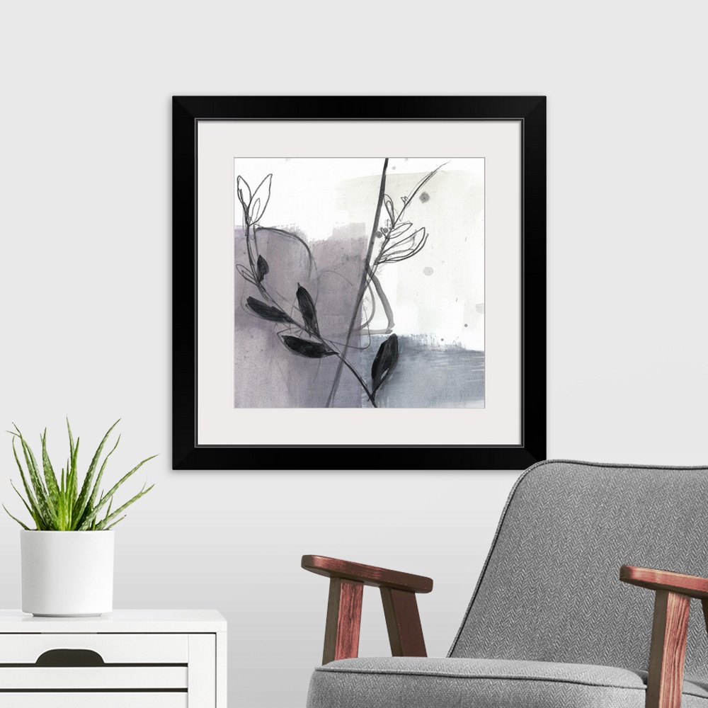 A modern room featuring Square watercolor abstract of flower stems along strokes of gray and beige with overlapping spatt...