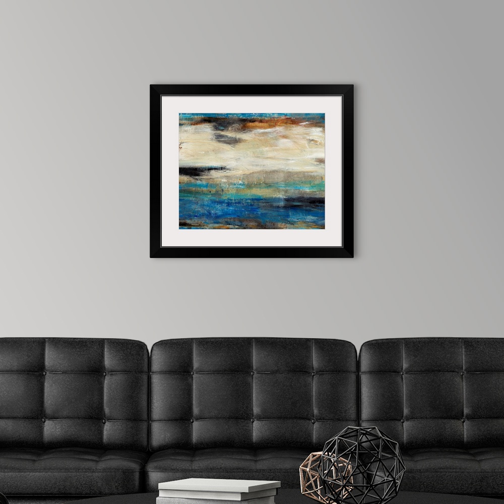 A modern room featuring Contemporary abstract art using cool tones mixed with earth tones in a horizontal formation.