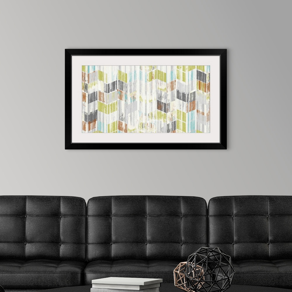 A modern room featuring Contemporary abstract painting using a chevron pattern in soft colors, with a washed an weathered...