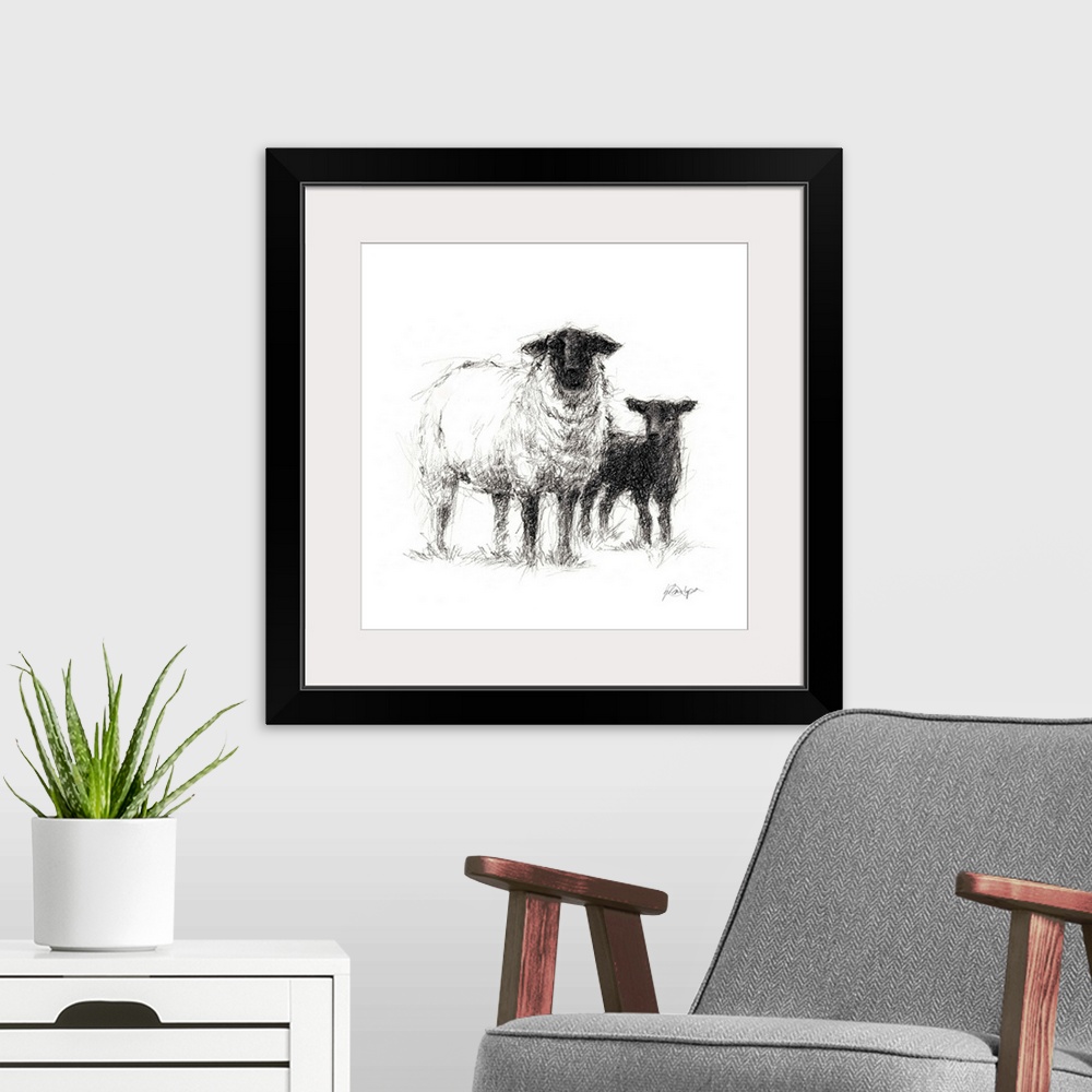 A modern room featuring Charcoal sheep illustration in black and white.