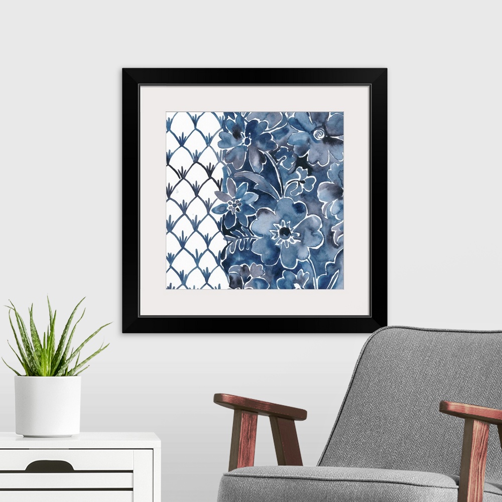 A modern room featuring This contemporary watercolor artwork consists of blue flowers that tumble over a mottled blue bac...