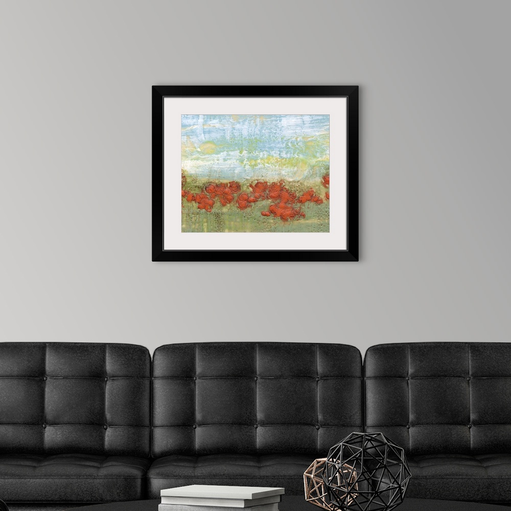 A modern room featuring Contemporary painting of a field of red poppies.