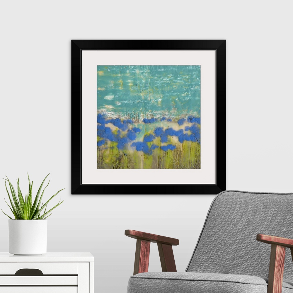 A modern room featuring Contemporary painting of a field of blue poppies.