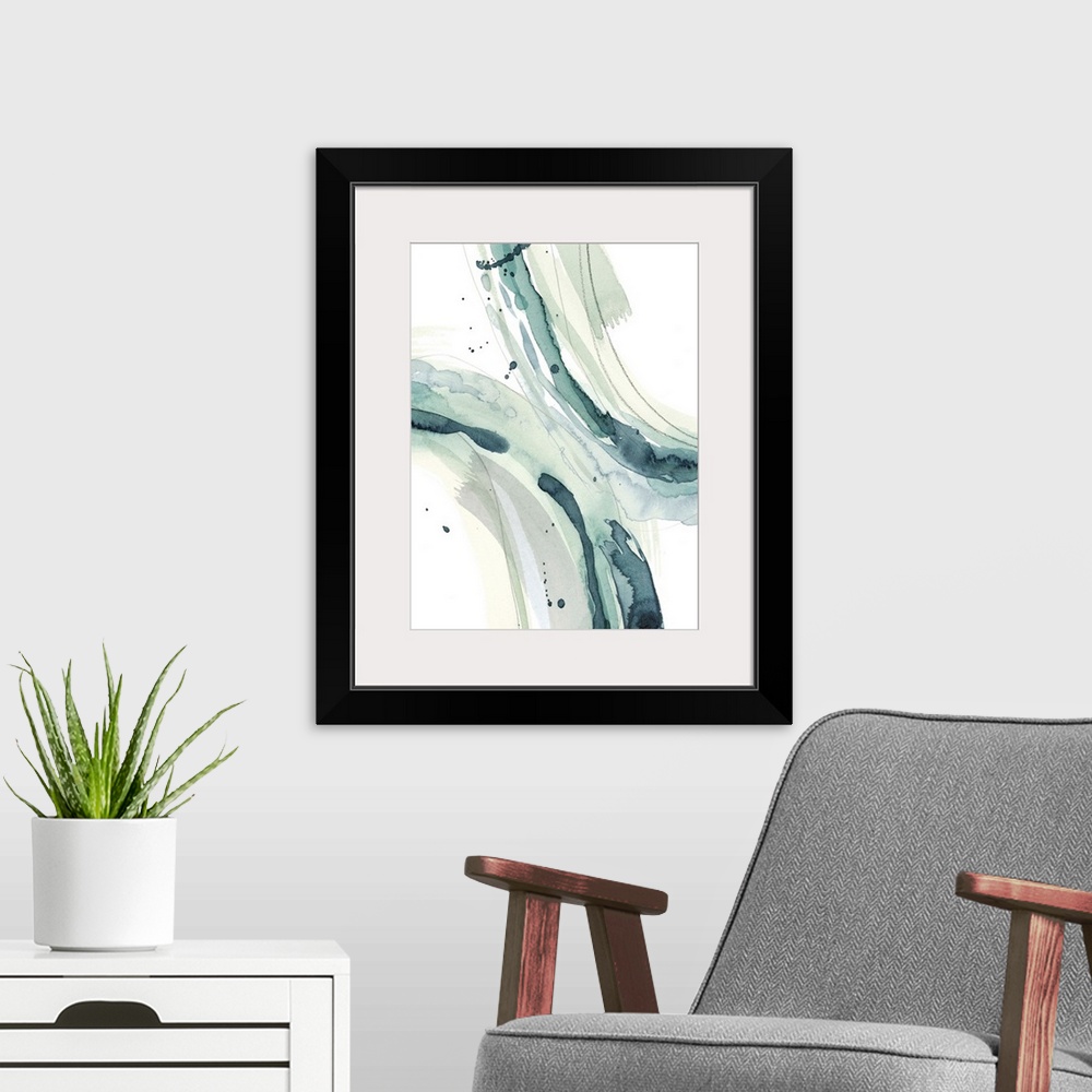 A modern room featuring Contemporary watercolor painting of broad curved brushstrokes in teal and grey.