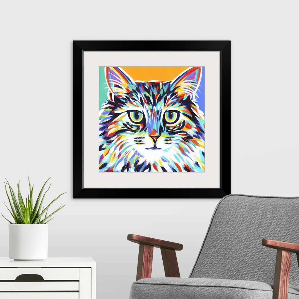 A modern room featuring A dramatic painting of a cat in multiple colored brush strokes against of teal, orange and blue b...
