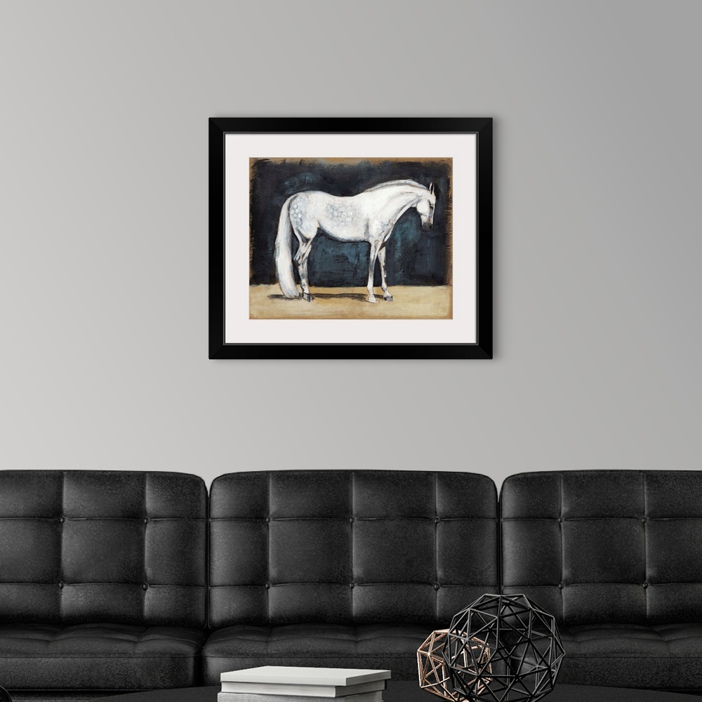 A modern room featuring Contemporary painting of a white horse against a dark background.