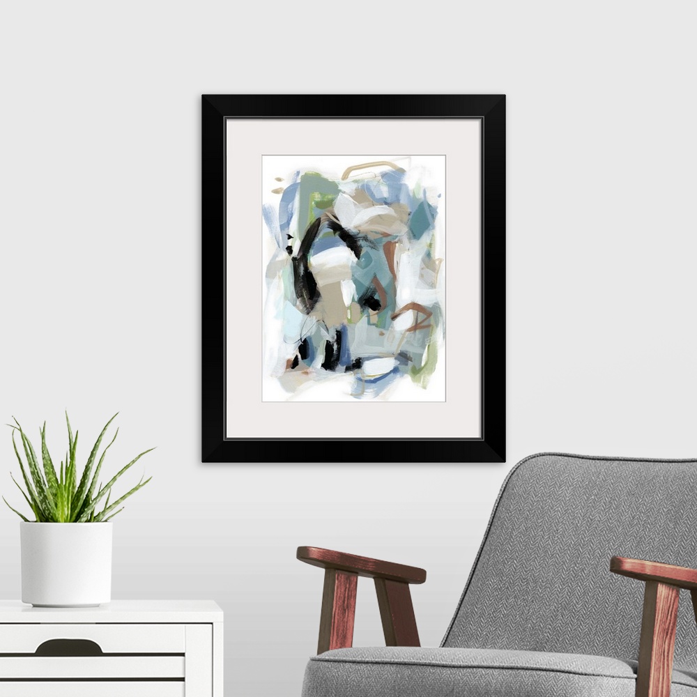 A modern room featuring Contemporary abstract artwork in shades of teal, white, and black.