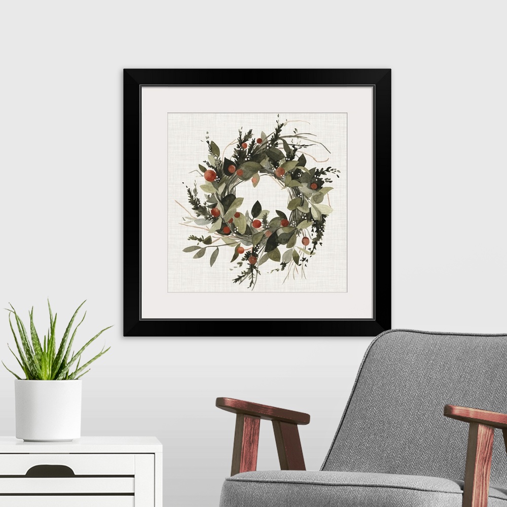 A modern room featuring A decorative farmhouse wreath of holiday greenery and berries on a linen background.