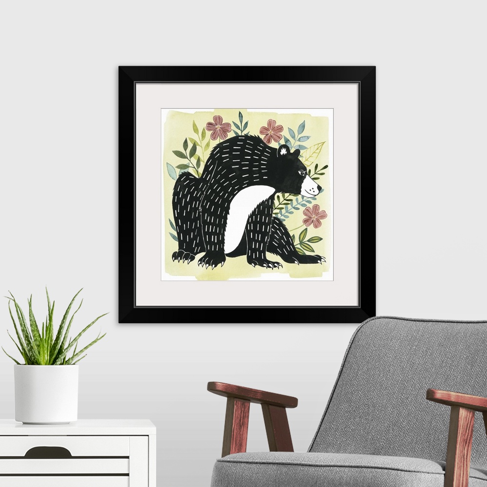 A modern room featuring A square decorative design of a black and white bear surrounded by flowers on a pale yellow backg...