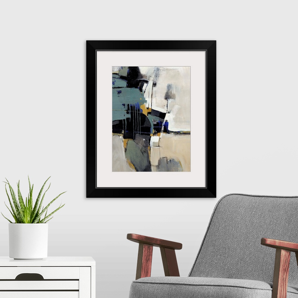 A modern room featuring This vertical contemporary painting is an abstraction of dark shapes contrasting with a light bac...
