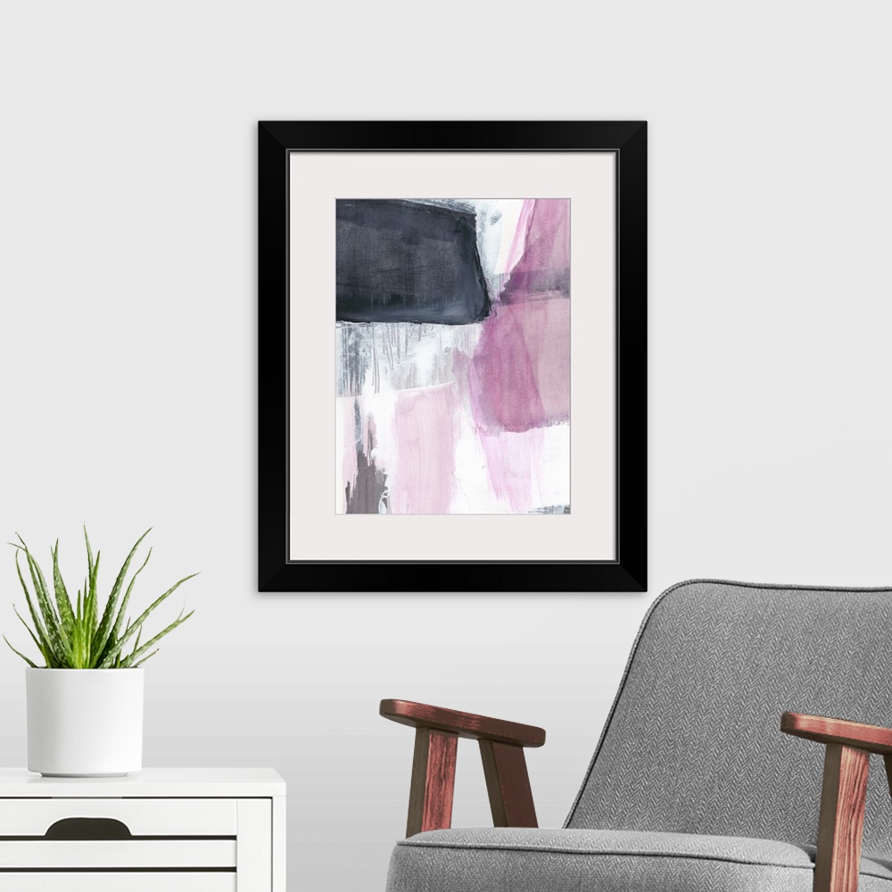 A modern room featuring This contemporary artwork features blocks of gray and pink with distressed textures to illustrate...