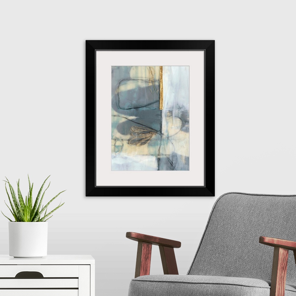 A modern room featuring Whimsical contemporary abstract collage in grey-blue and gold.