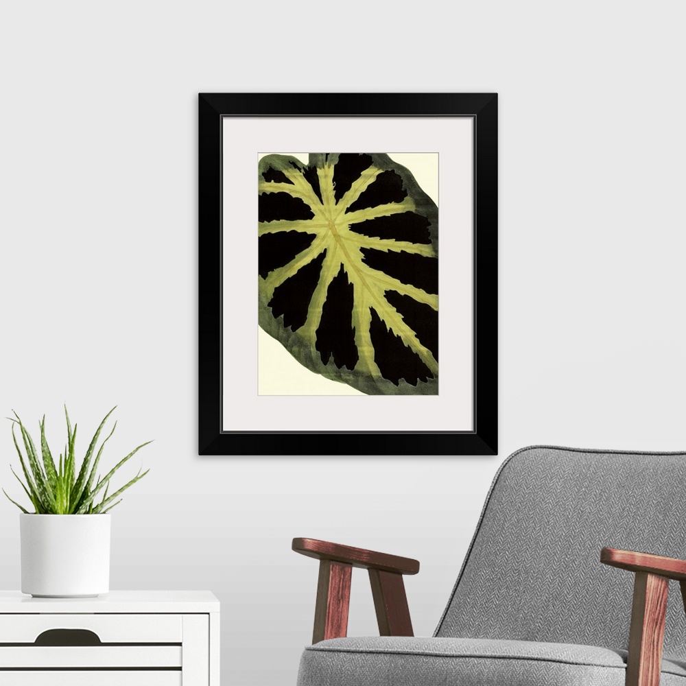 A modern room featuring Contemporary botanical illustration of a leaf in a vintage style.