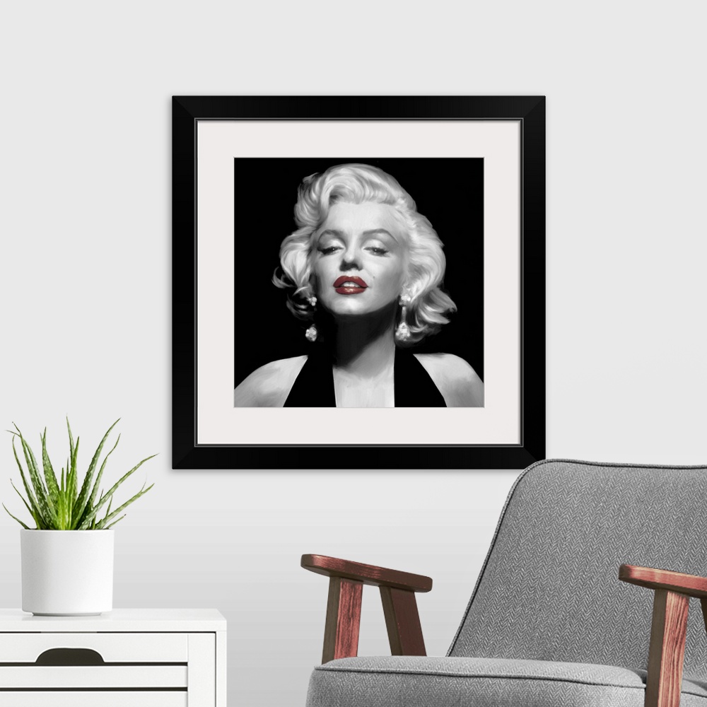 A modern room featuring Black and white image of Marilyn Monroe with red lipstick.