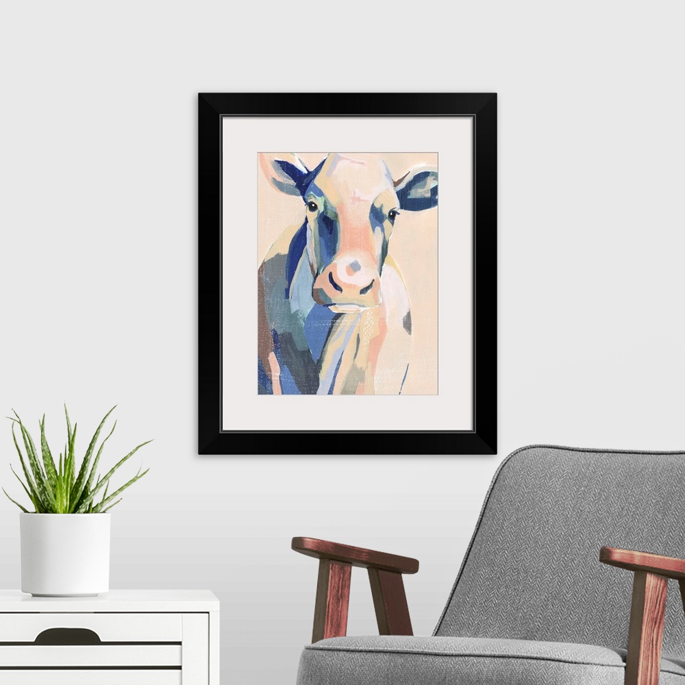 A modern room featuring Contemporary portrait of a cow in pink and blue.