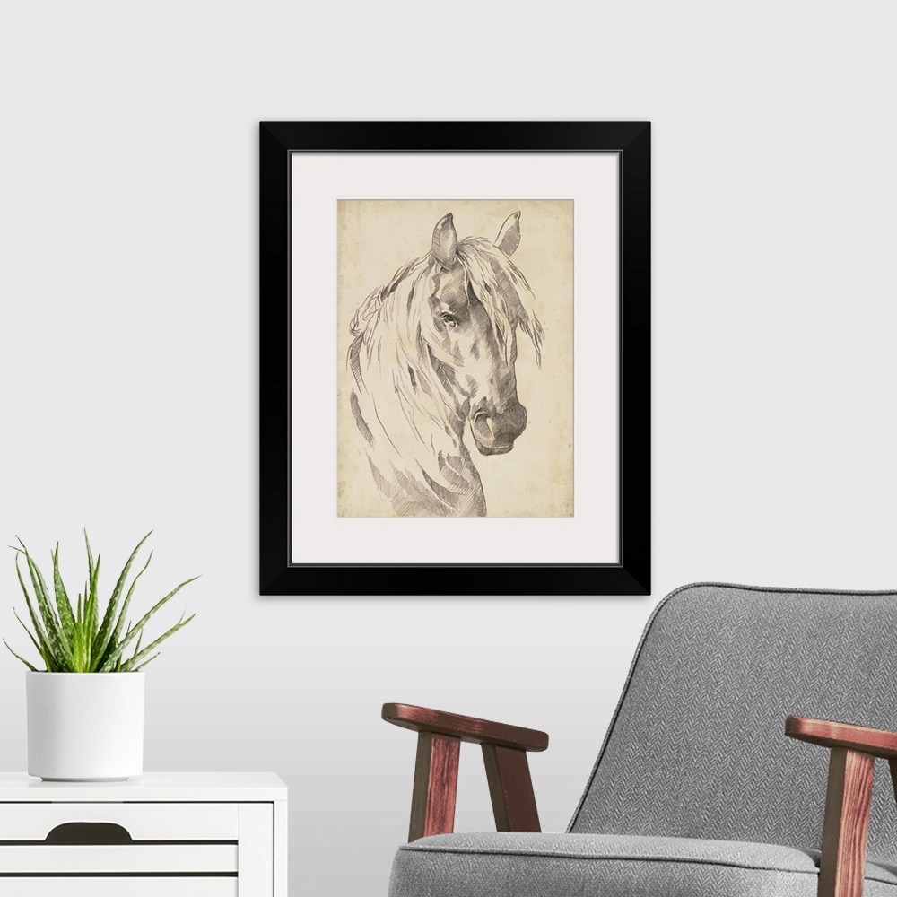 A modern room featuring Horse Portrait Sketch I
