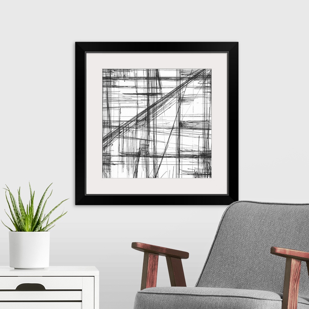 A modern room featuring Contemporary abstract artwork of web-like lines running all over the image against a white surface.