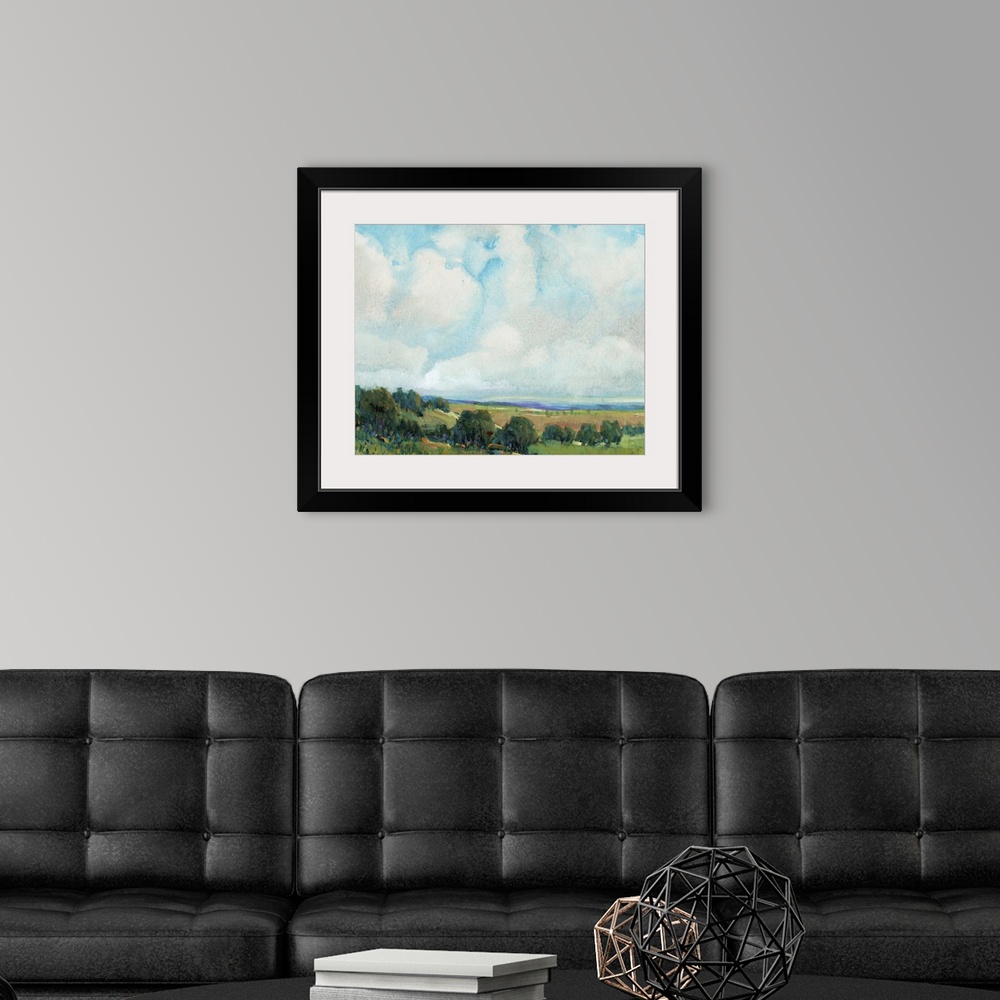 A modern room featuring This contemporary artwork features short vertical brush strokes to create this lively countryside...