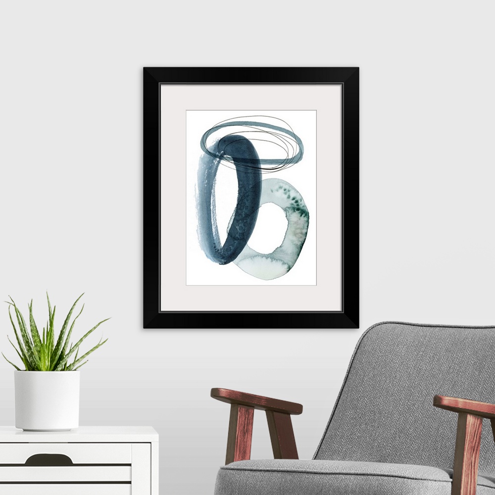 A modern room featuring A series of interlocking watercolor rings in varying thickness and textures overlap a white backg...