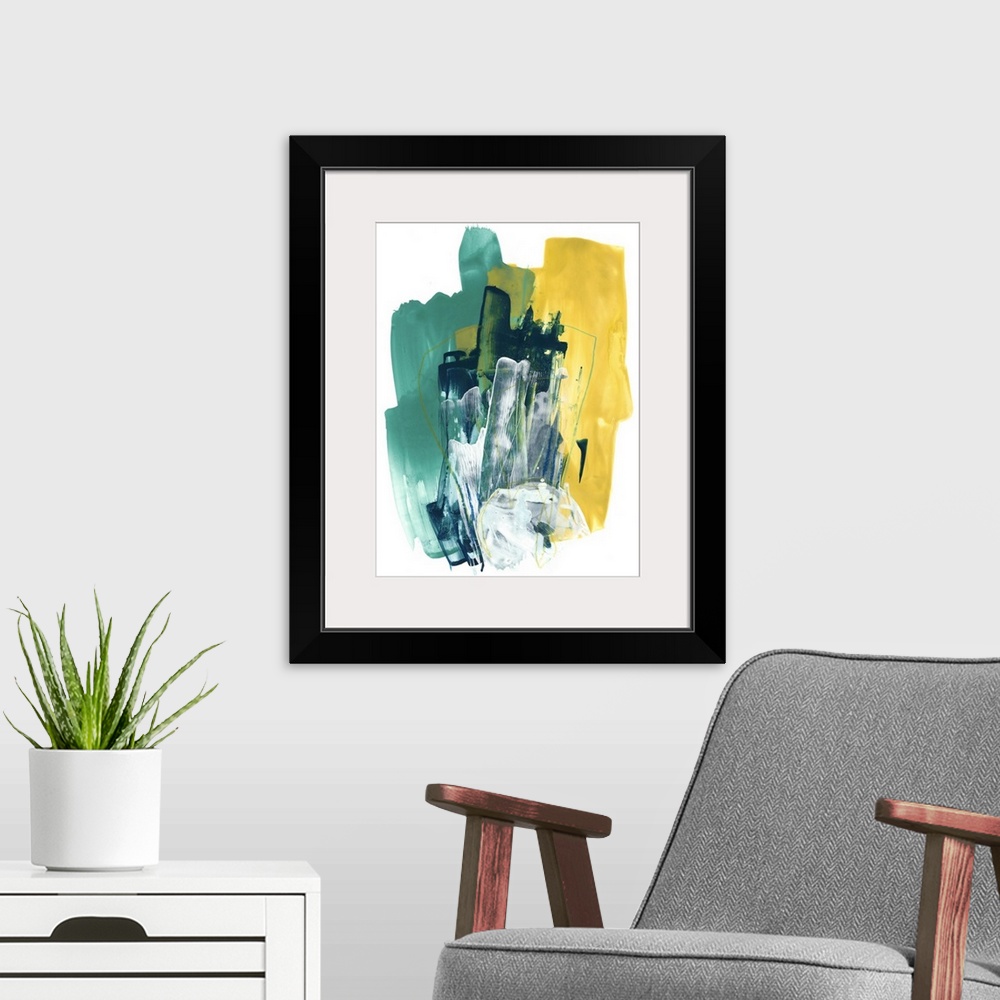 A modern room featuring Bold, upright brush strokes in teal, white and yellow layer over one another in this contemporary...