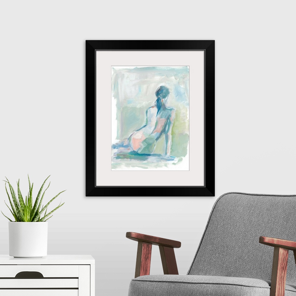 A modern room featuring Contemporary abstract figure study of the female nude in blues and greens.