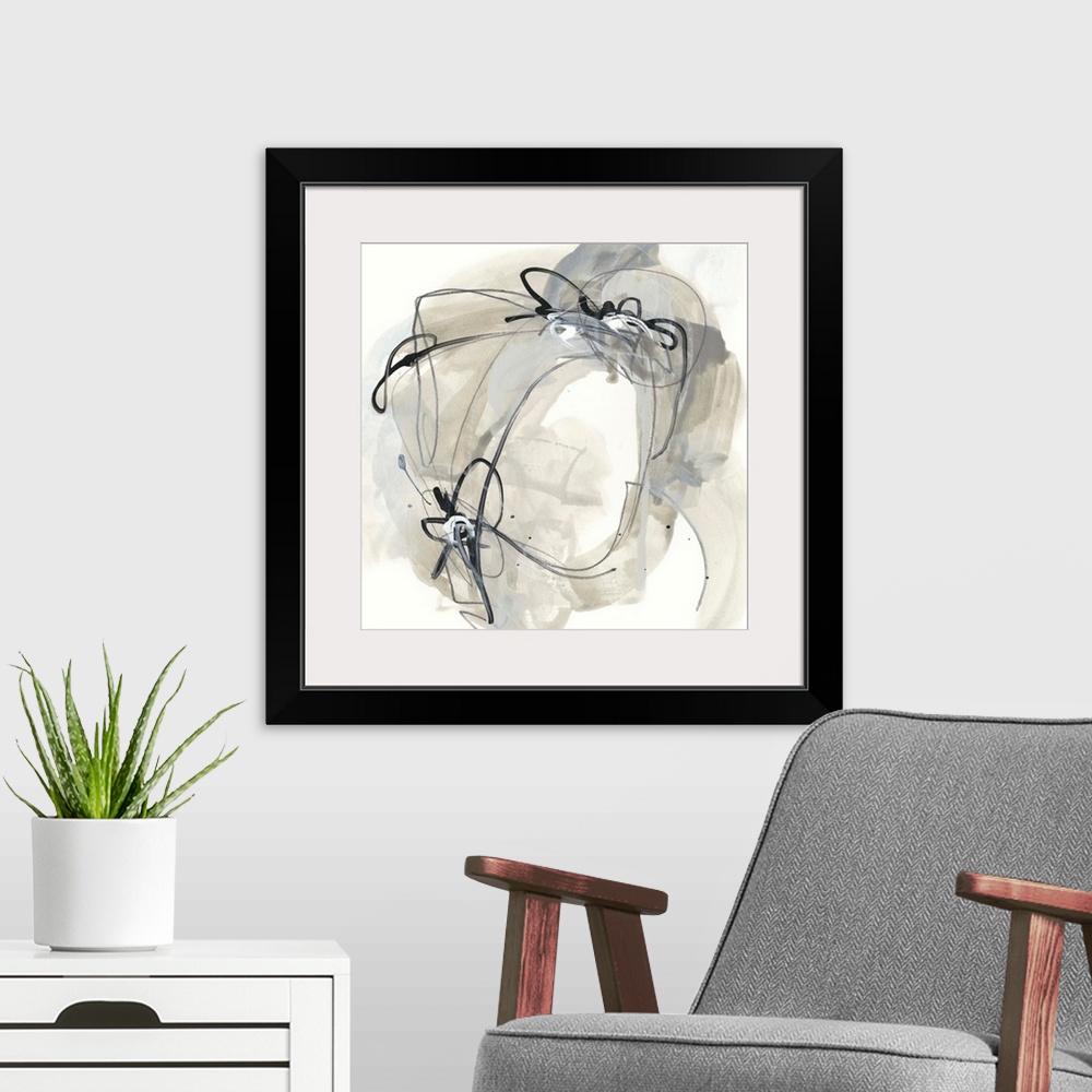 A modern room featuring Square abstract painting in black, gray and beige in circular shapes with drips of the overlappin...