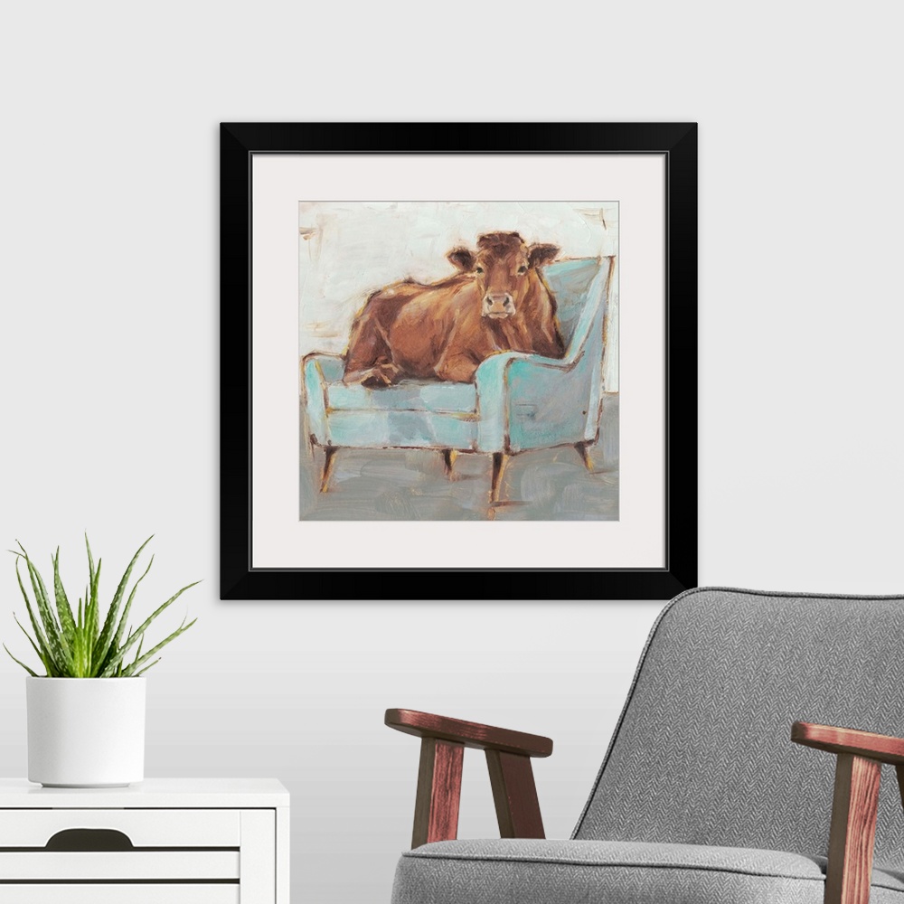 A modern room featuring A whimsical composition of a large brown cow lying comfortably on a pale blue armchair. With it's...