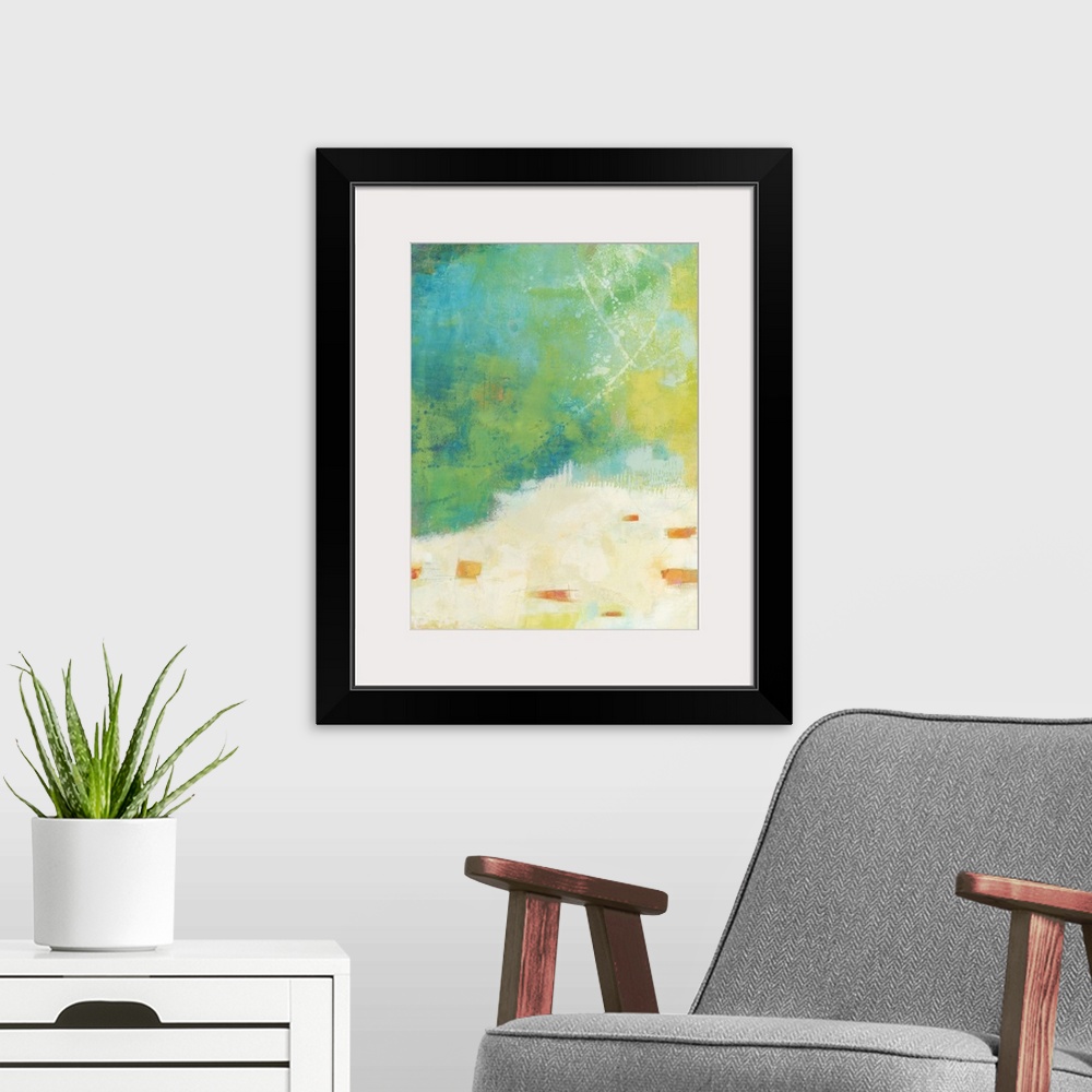 A modern room featuring This abstract artwork is filled with bright colors in various textures and patterns that exemplif...