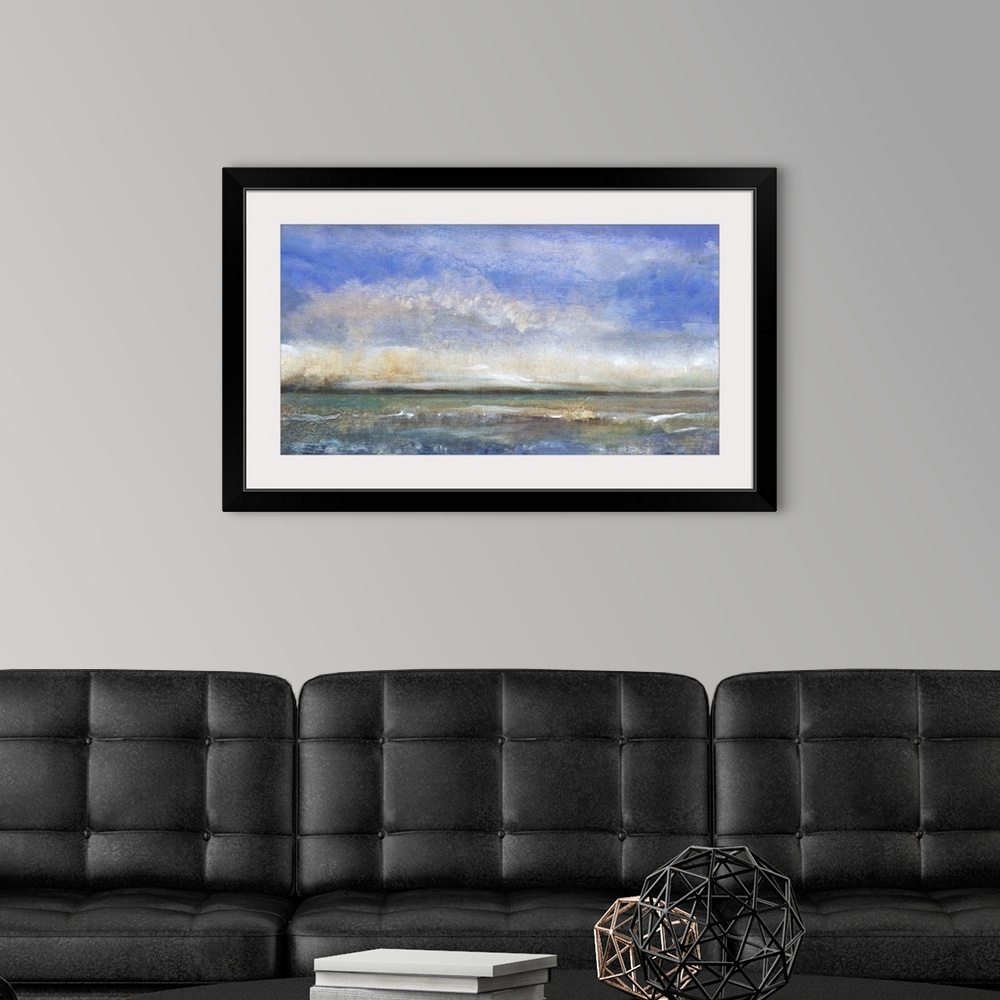 A modern room featuring Contemporary painting using blue tones to create a seascape.