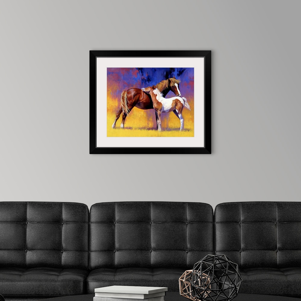 A modern room featuring Big painting on canvas of a baby horse cuddling with an adult horse.