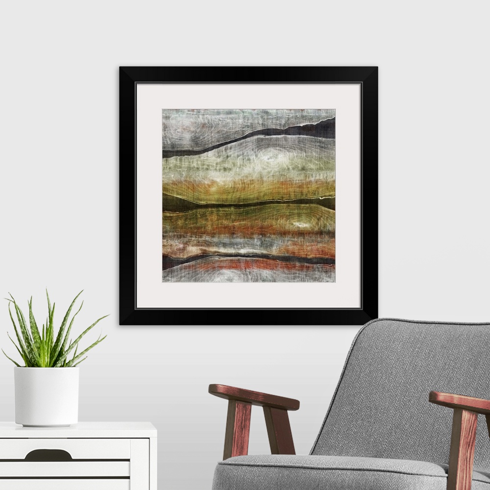 A modern room featuring Contemporary abstract artwork in earth tones layered with dark grey.