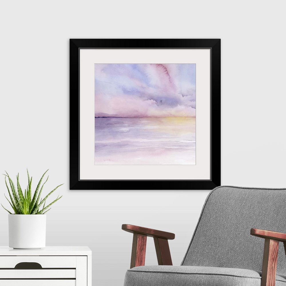 A modern room featuring Abstract landscape of a sun setting on the sea in pastel colors.