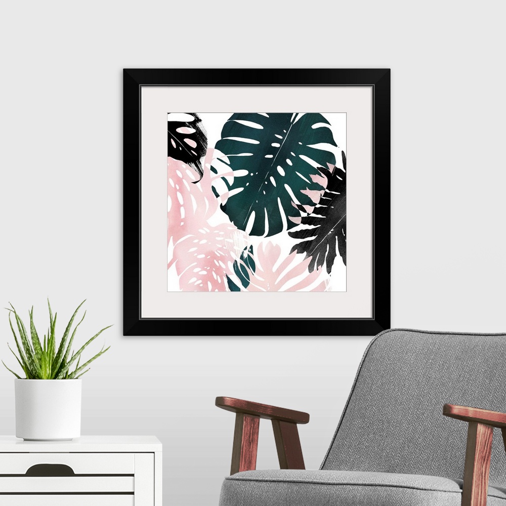 A modern room featuring Contemporary painting of pink, green, and black tropical palm fronds.