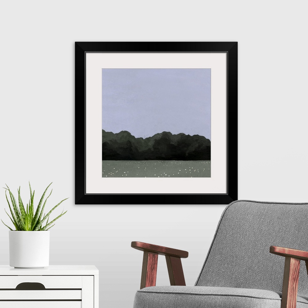 A modern room featuring A simple contemporary painting of a field lined by a forest of trees with a wide, open evening sky.