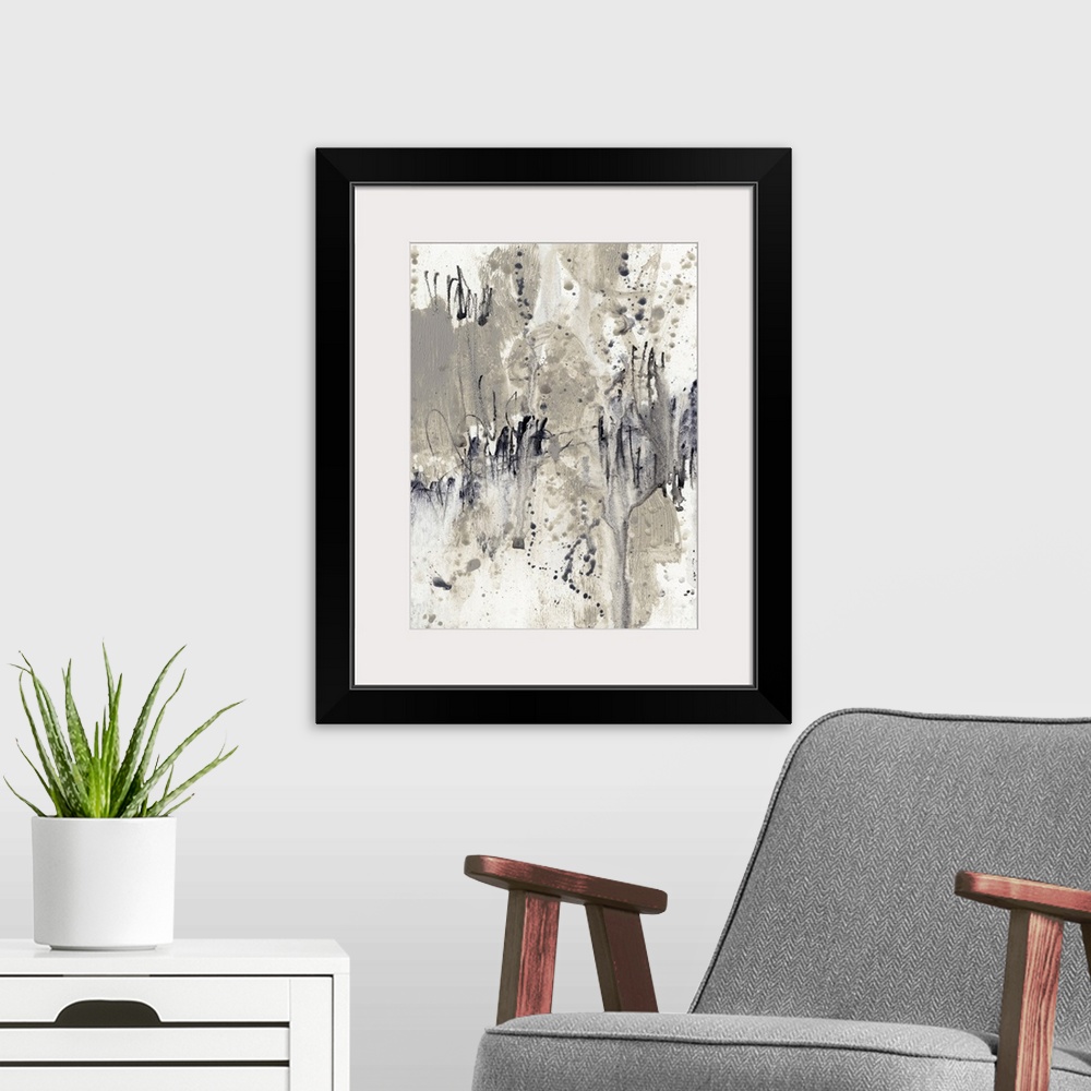A modern room featuring This abstract artwork is constructed from thick brush strokes, smeared paint and paint splatter w...