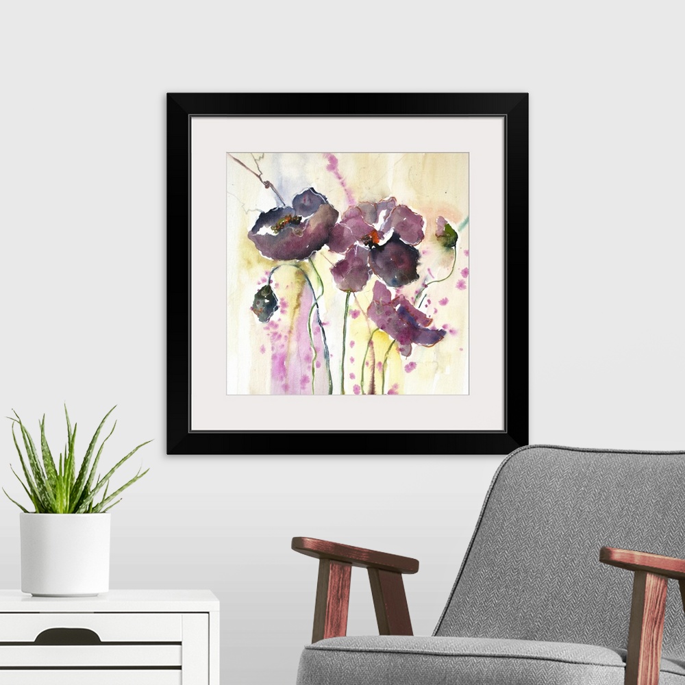 A modern room featuring Watercolor art print of purple poppy flowers in pastel shades.