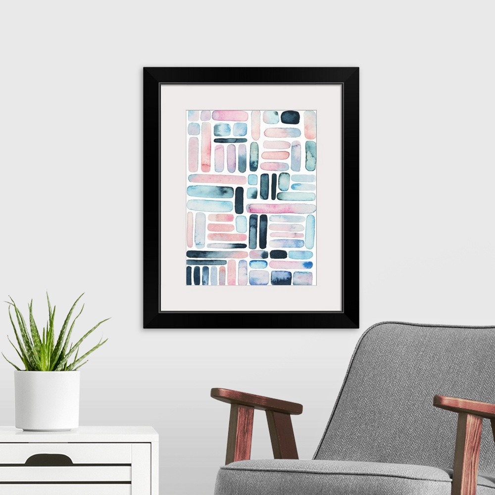 A modern room featuring Vertical watercolor painting of varies rounded square and rectangle shapes in a grid design.
