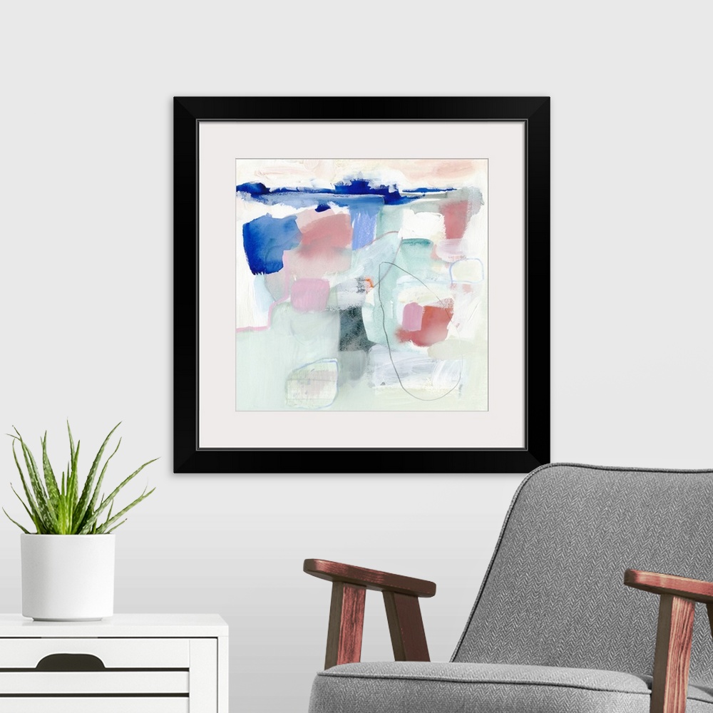A modern room featuring Square abstract painting in pastel tones of green, blue, pink and white with overlaying fine blac...
