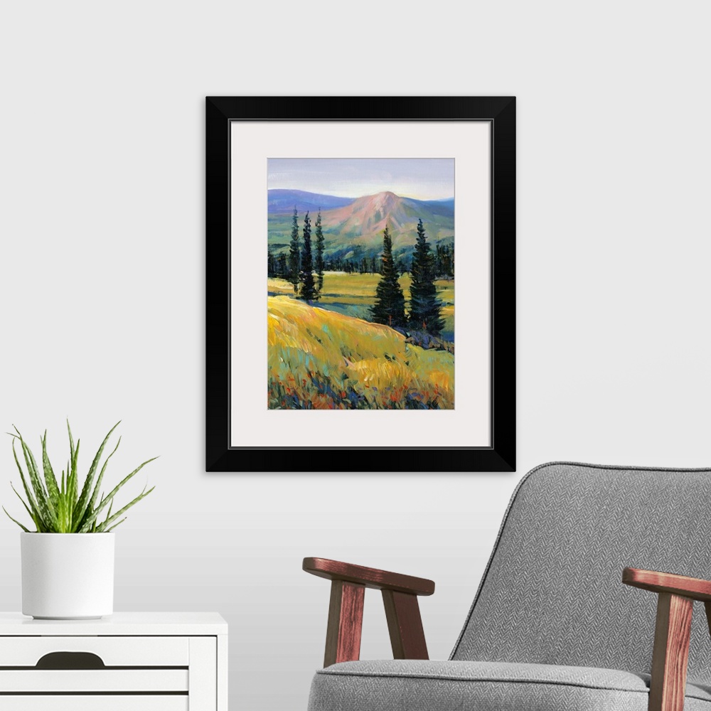A modern room featuring Contemporary painting of a mountain valley landscape with a small river and pine trees.