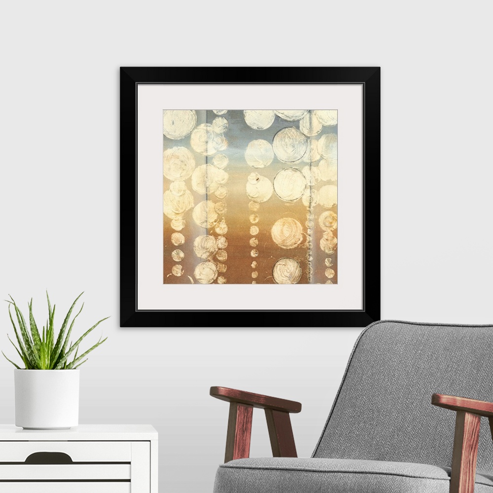 A modern room featuring Contemporary abstract art piece with heavy painted cream circles depicting rain drops falling fro...