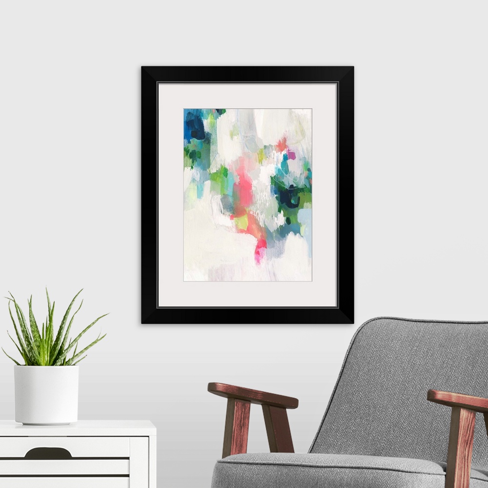 A modern room featuring Contemporary abstract painted in vibrant pinks, greens, and blues on a white and gray background.