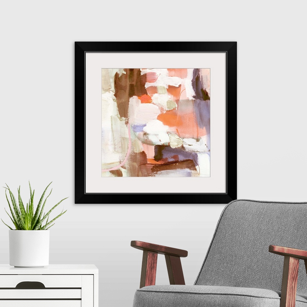 A modern room featuring Square abstract painting in shades of brown, orange, pink, purple and cream.