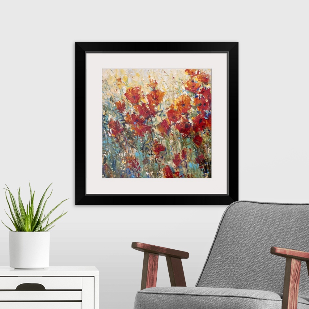 A modern room featuring Contemporary painting of several bright poppy flowers growing in the wild.
